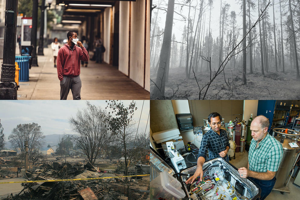 Four images in a grid: A man wearing a mask in smoky Seattle; A smoky, burned forest; A burned up neighborhood; scientists working with testing equipment