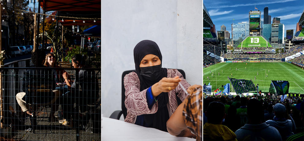 Three photos: People eating outside, a woman administering a vaccine and Lumen Park