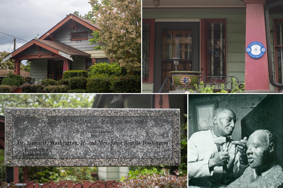 Two photos of a home, a plaque and a sculptor working on a bust