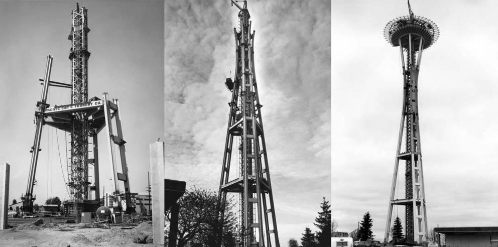 Triptych of Space Needle being built