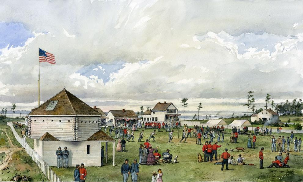Painting of houses and people celebrating