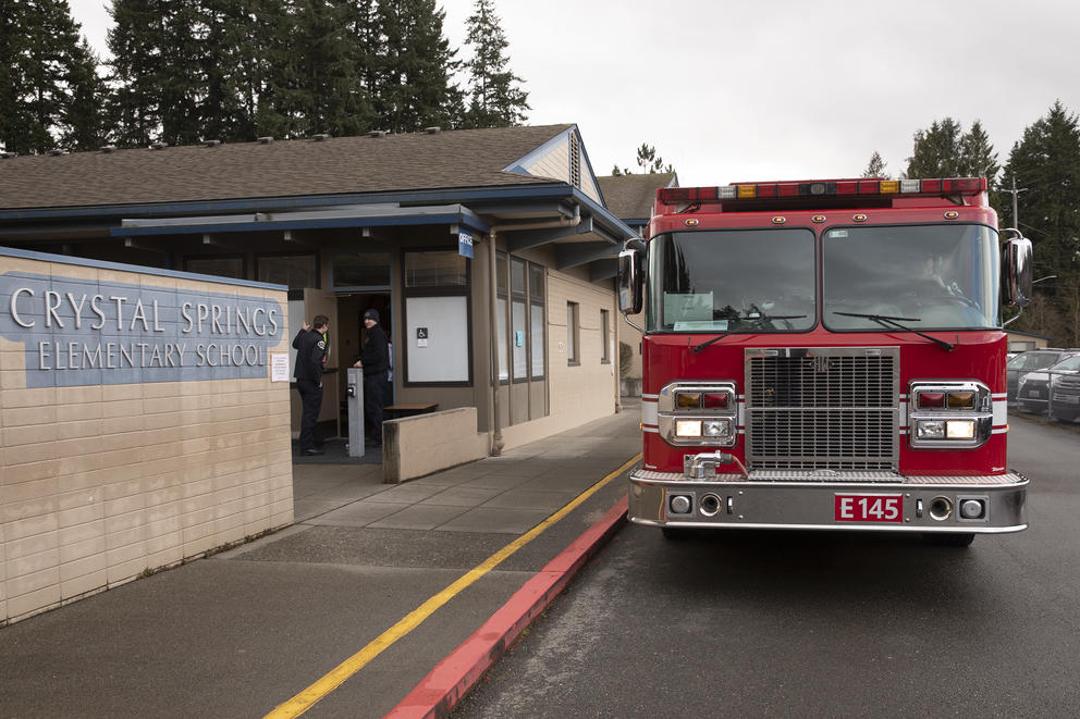 Fire truck in front of a Bothell elementary school