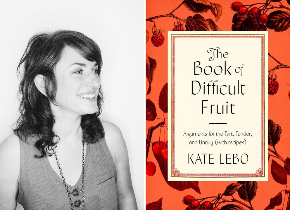 Left: portrait photo of a white woman with medium lenght hair, laughing - in black and white. On the right: an orange book cover with title "The Book of Difficult Fruit"