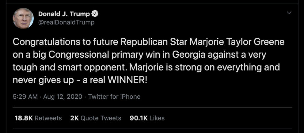 President Trump tweeting support for Marjorie Taylor Greene