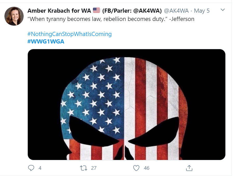 Screengrab of Amber Krabach's tweet of a QAnon themed skull meme