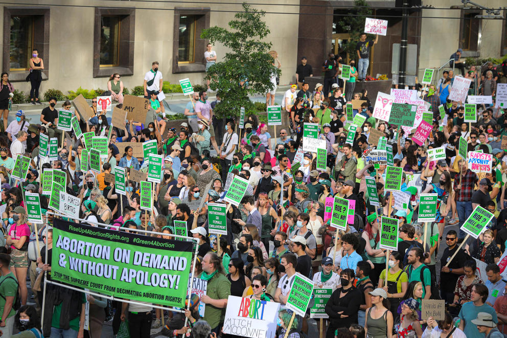 a crowd of people hold green signs, shot from above