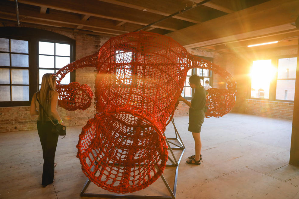 A large uterus-shaped sculpture made from red rope
