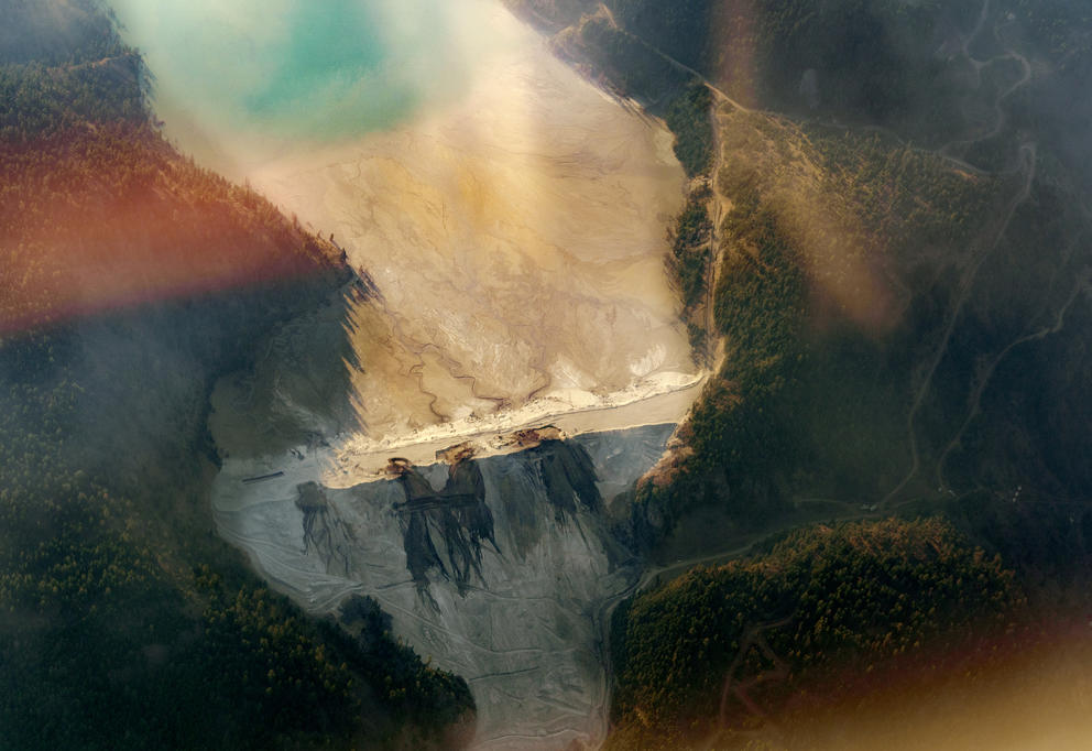 Mining pollution in the water seen from an aerial view