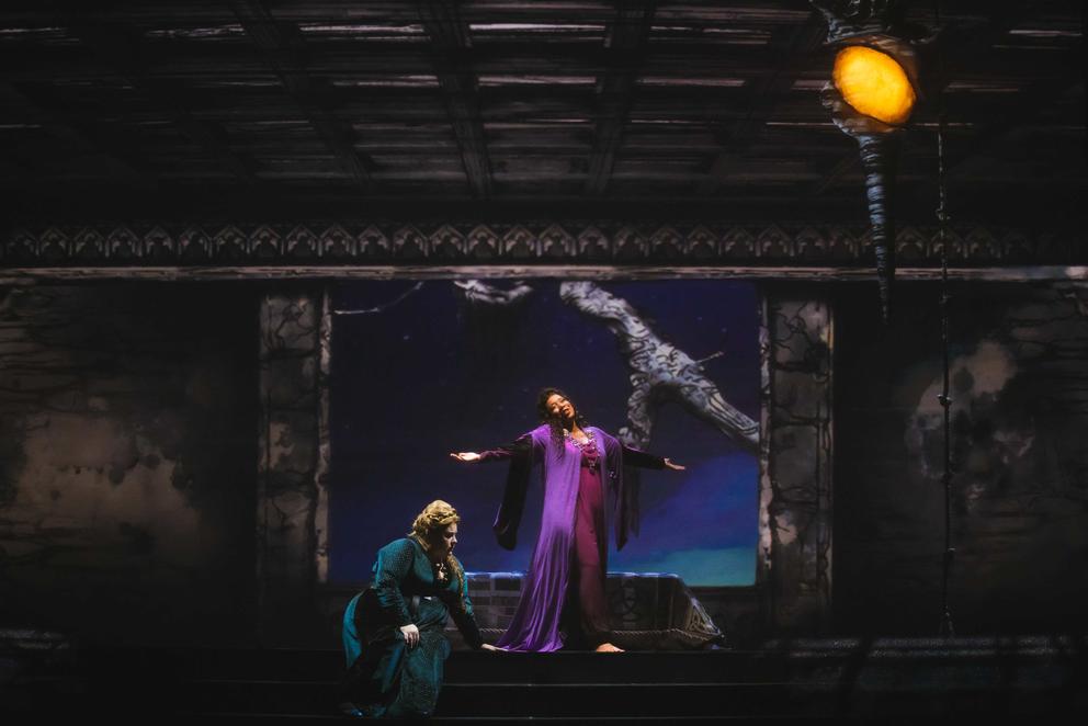 two people performing on a dark stage, some light comes from the upper right hand corner. they are wearing a greenish and purplish dress