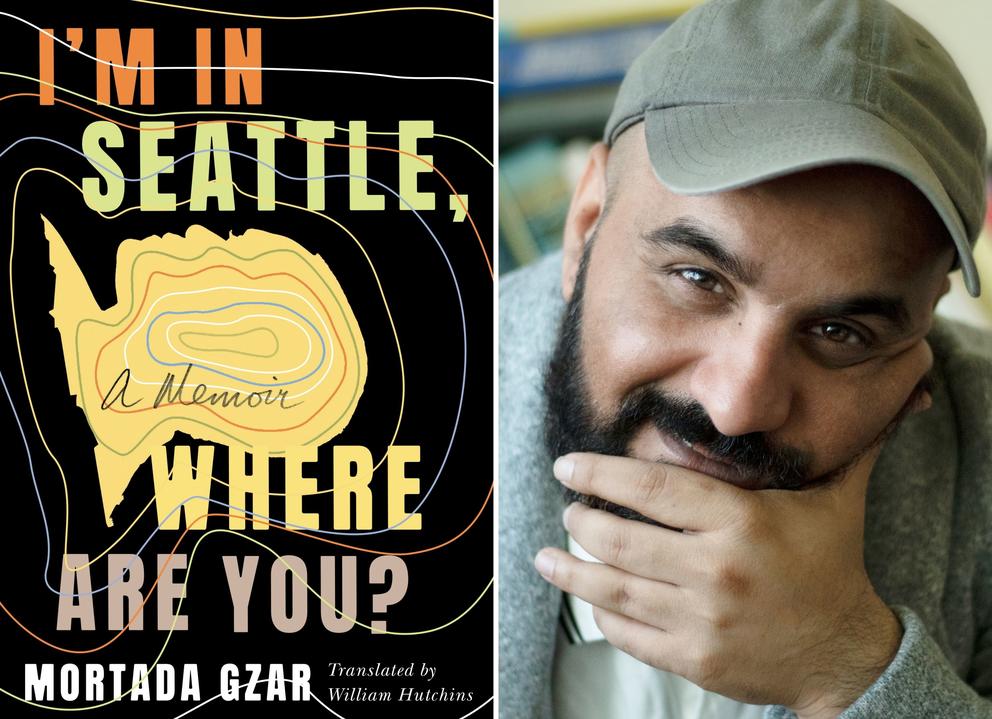 Left: black book cover with text "I'm in Seattle, where are you?" in orange and yellow. Right: photo of man with goatee and hat smiling into the camera
