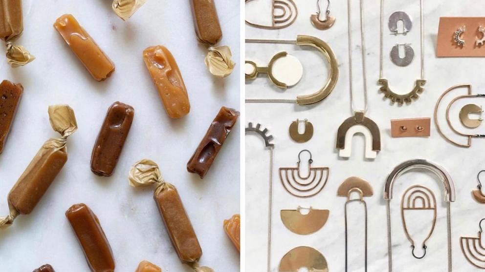 Side by side photo of caramels and jewelry
