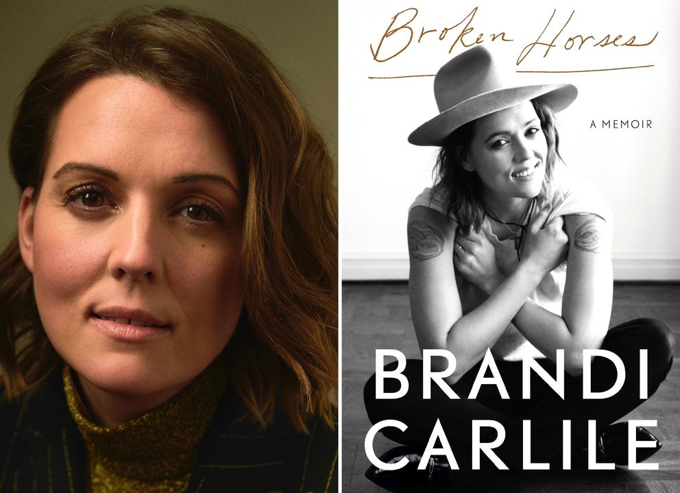 On the left, a close-up shot of Brandi Carlile, a white woman with mid-length brown hair, looking into the camera. On the right, a book cover in black and white featuring Brandi Carlile and the title "Broken Horses." 