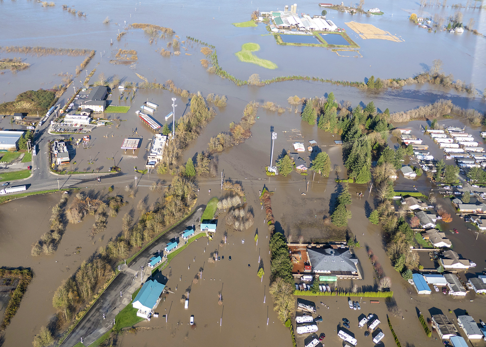 Aerial view of flooded neighborhood blocks