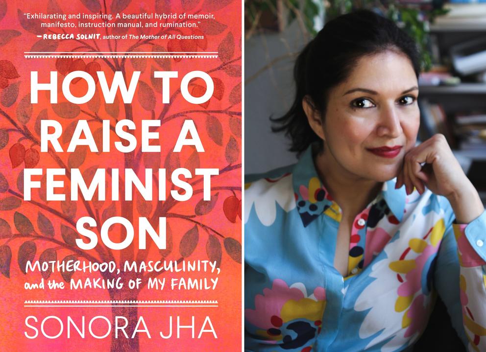 Left: red book cover with title "How to Raise a Feminist Son", subtitle: "Motherhood, masculinity and the making of my family," on the right: A woman with red lipstick and dark hair in colorful blouse, chin resting on her hand