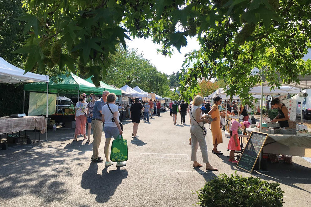 Booths line a central walkway at a farmers market flanked by trees, as people wander between the booths