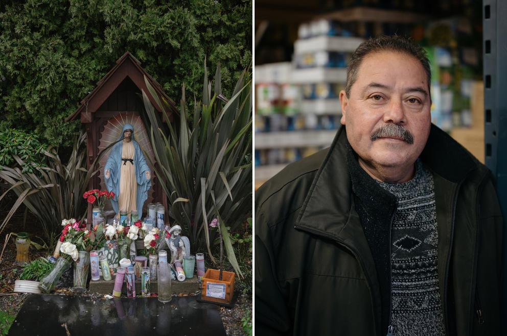 Two photos: 1)Statue of the Virgin Mary, and 2) Jose Ortiz