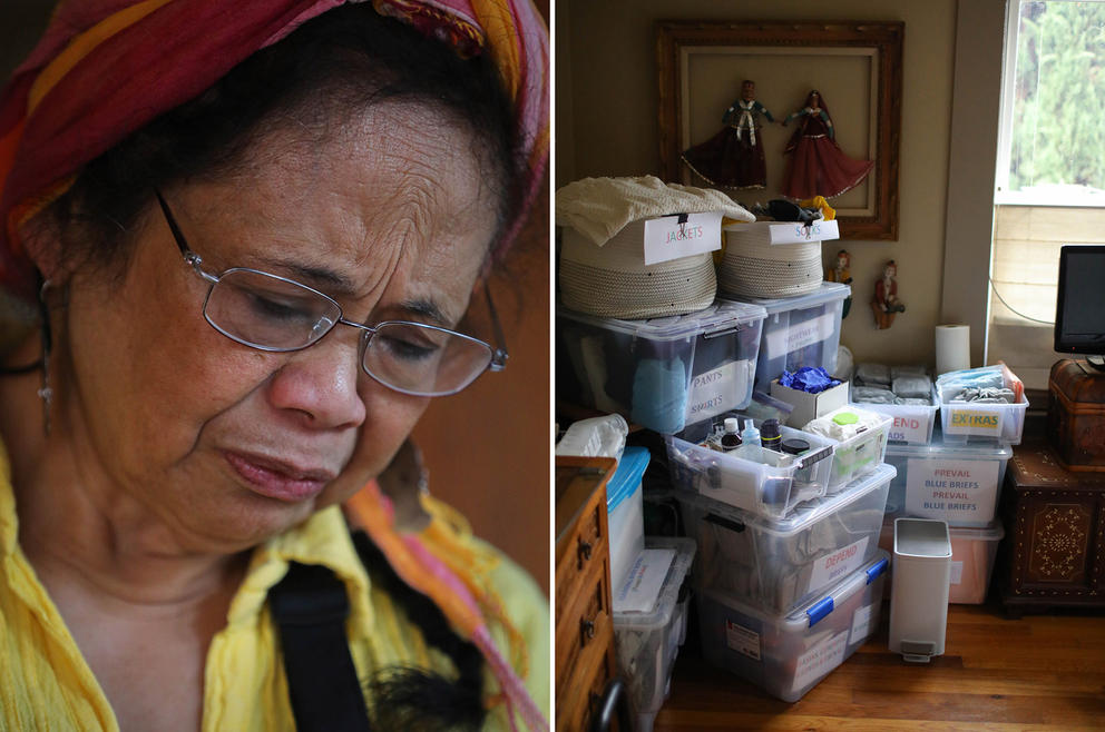 Left: A close up of a woman's face in distress right: a stack of clear plastic bins fills a corner of a room