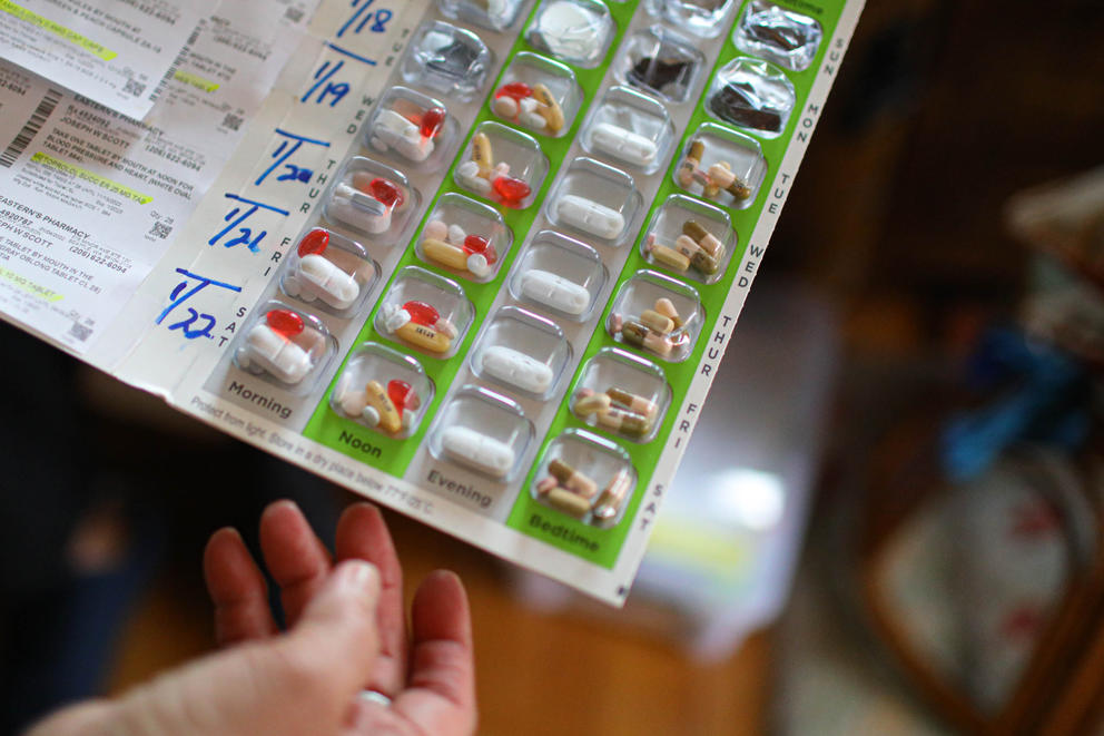 A packet of pills labeled and sorted by calendar date and time
