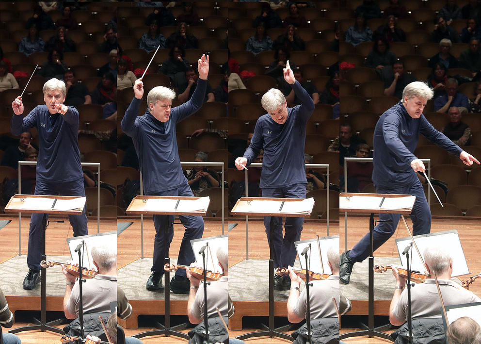 A four-photo array of a conductor waving his baton at a music stand