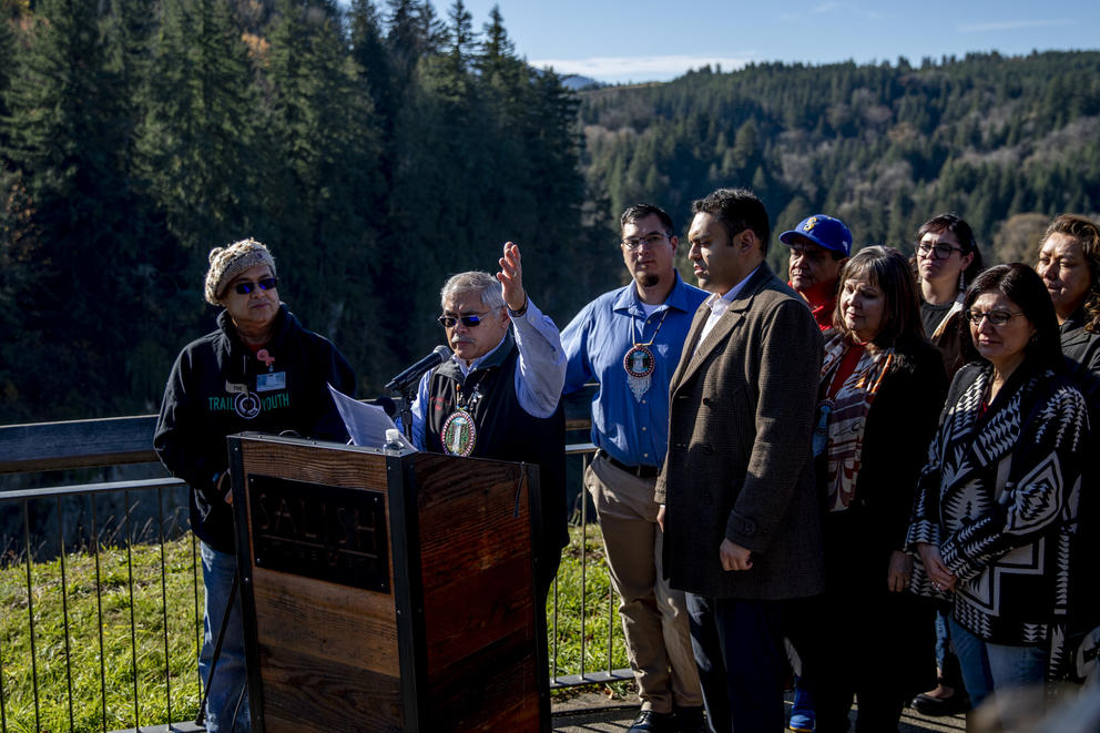 Members of the Snoqualmie Tribe at a press conference