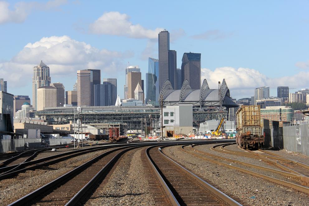 A view of Seattle's downtown as seen from railroad tracks that run south through the SODO neighborhood off South Lander Street.