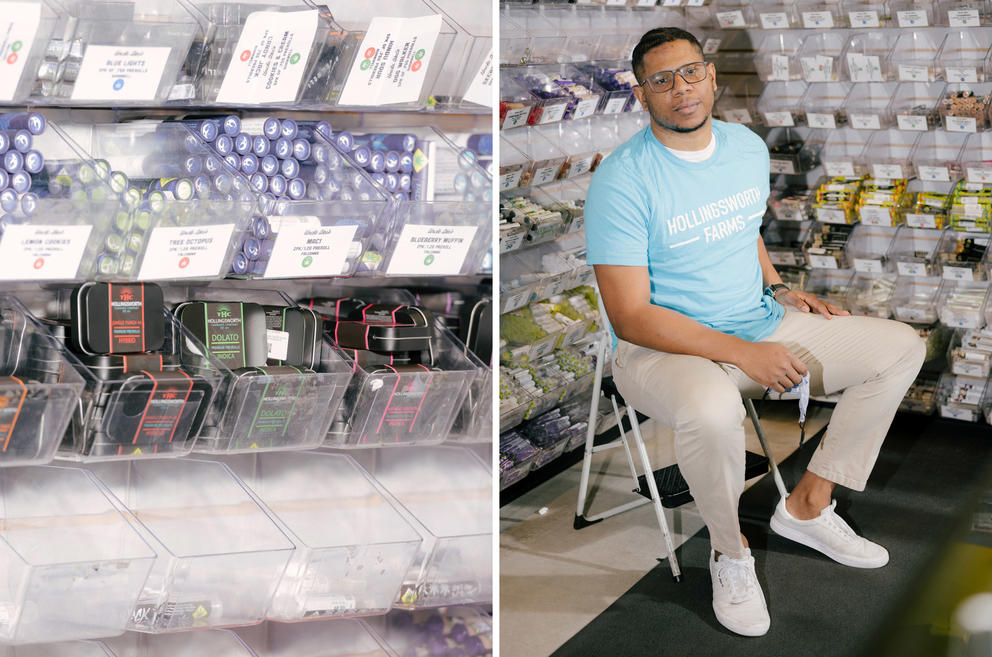 At left, a closeup of cannabis products on a shelf; at right, a man sitting in a chair, looking at the camera