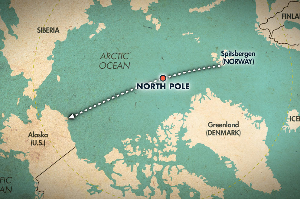 A map showing Amundsen's path over the North Pole from Spitsbergen Norway to Alaska.