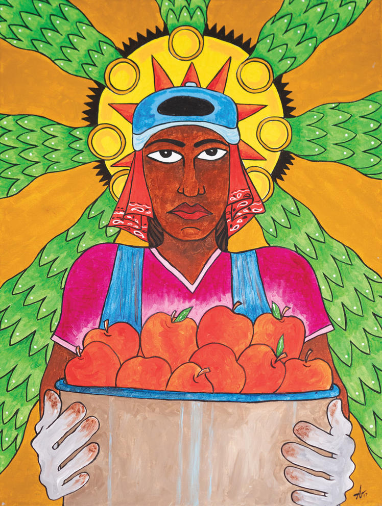 Painting of a farmworker wearing a headdress while holding a basket of apples