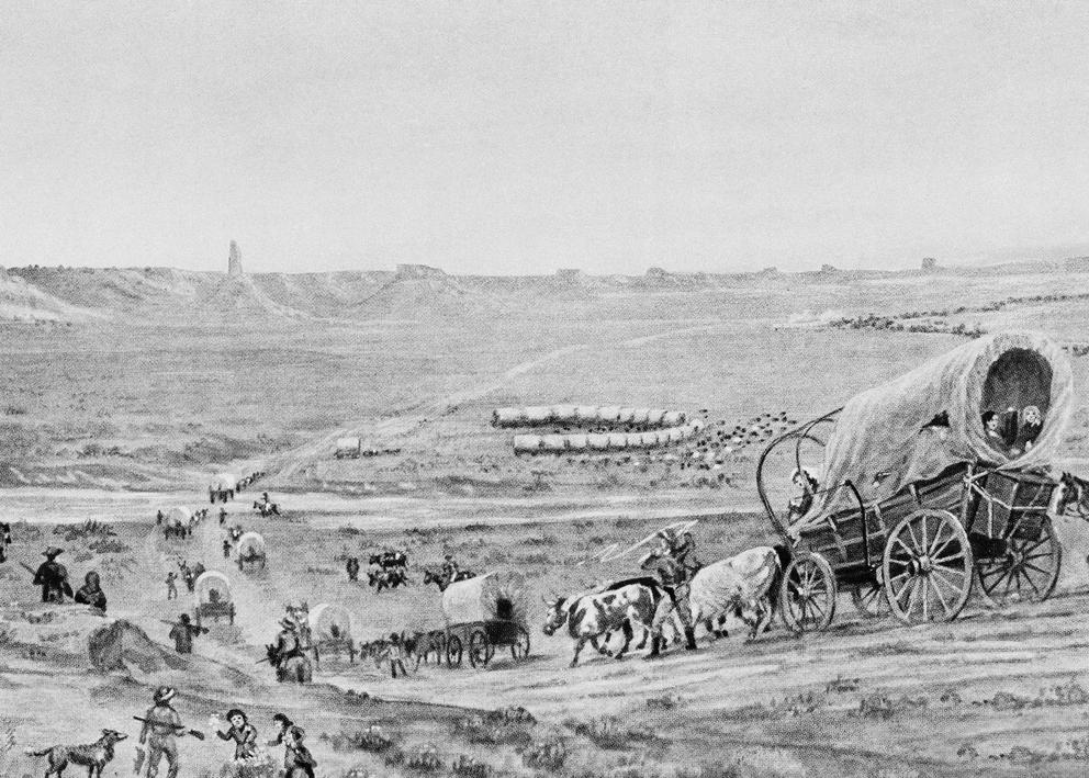 A black and white image of the Oregon trail