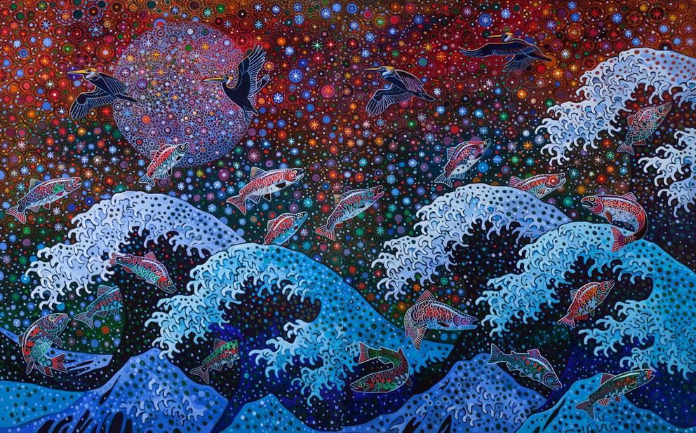 a painting featuring big waves cresting, salmon jumping, herons diving, a big moon and many stars all over