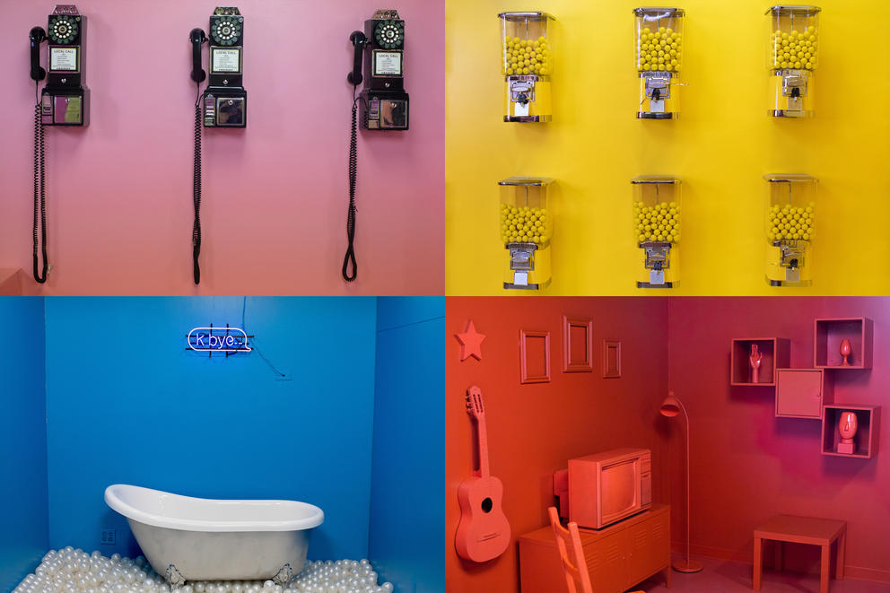 A photo collage of various colorful walls with objects such as rotary phones, candy machines and a bath tub.