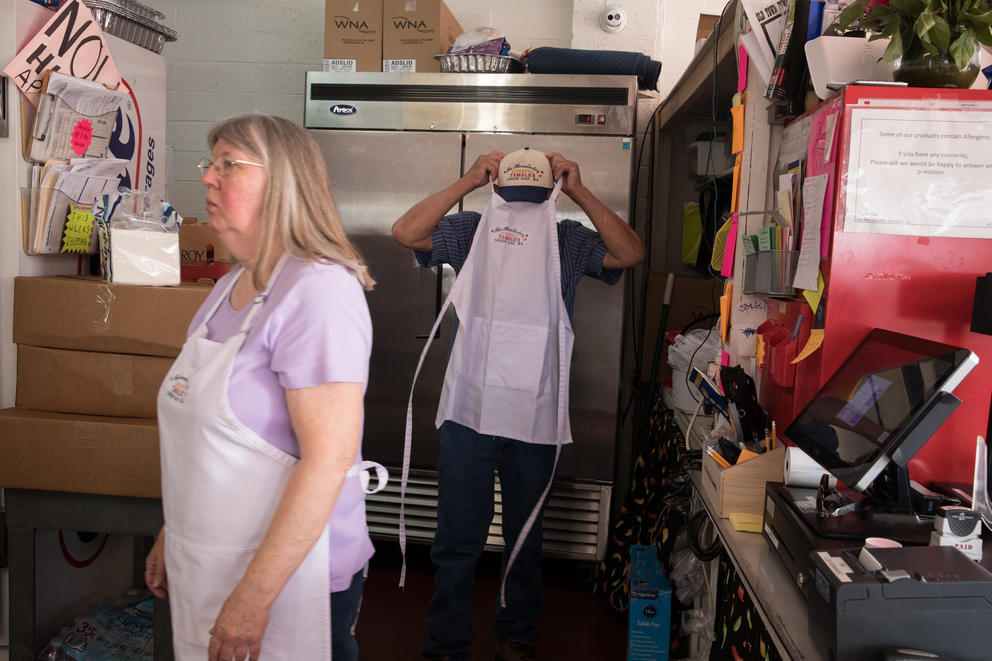 Felipe Hernández and wife June inside the small kitchen of Los Hernández Tamales in Union Gap, Washington.