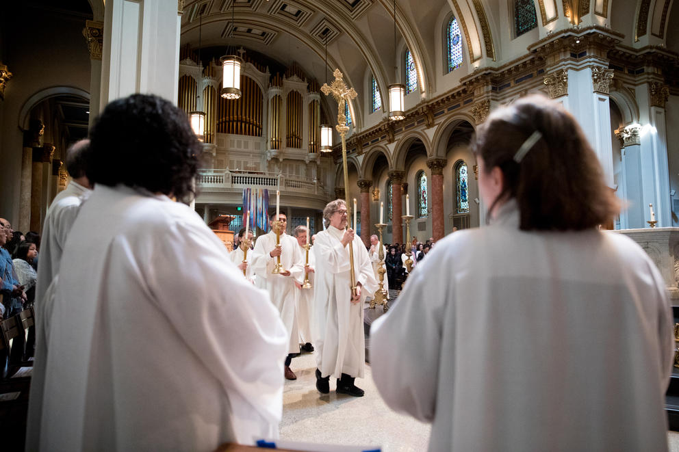 A procession at the beginning of Mass at St. James Cathedral in Seattle. 