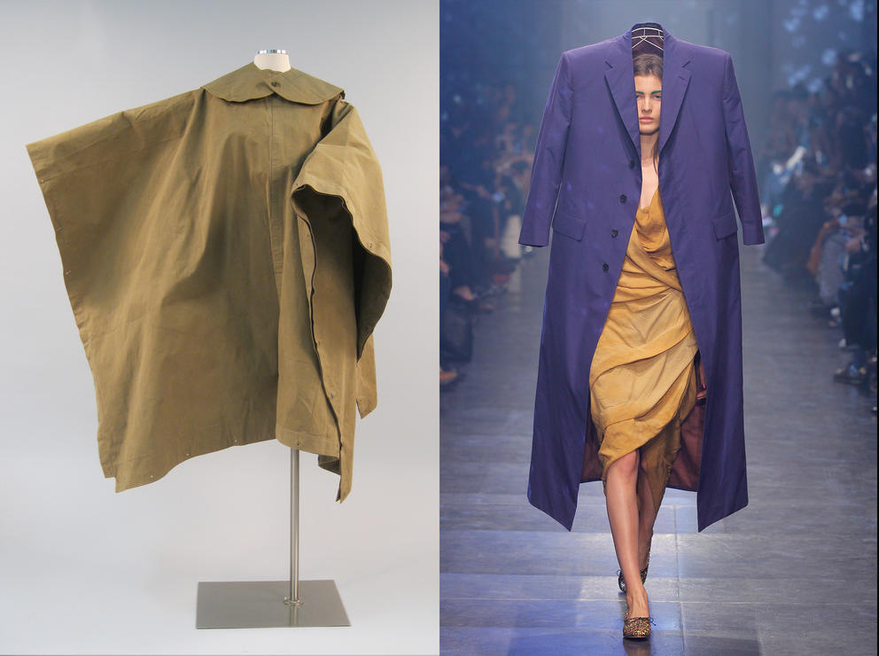 Left: Heavy canvas poncho, c.1910, owned by Seattle zoologist Dr. Belle A. Stevens. (Photo courtesy of MOHAI Collection) Right: Vivienne Westwood’s tailored Chelsea coat and River Dress, 2016. (Courtesy of Vivienne Westwood, photo by Ugo Camera via MoPOP)