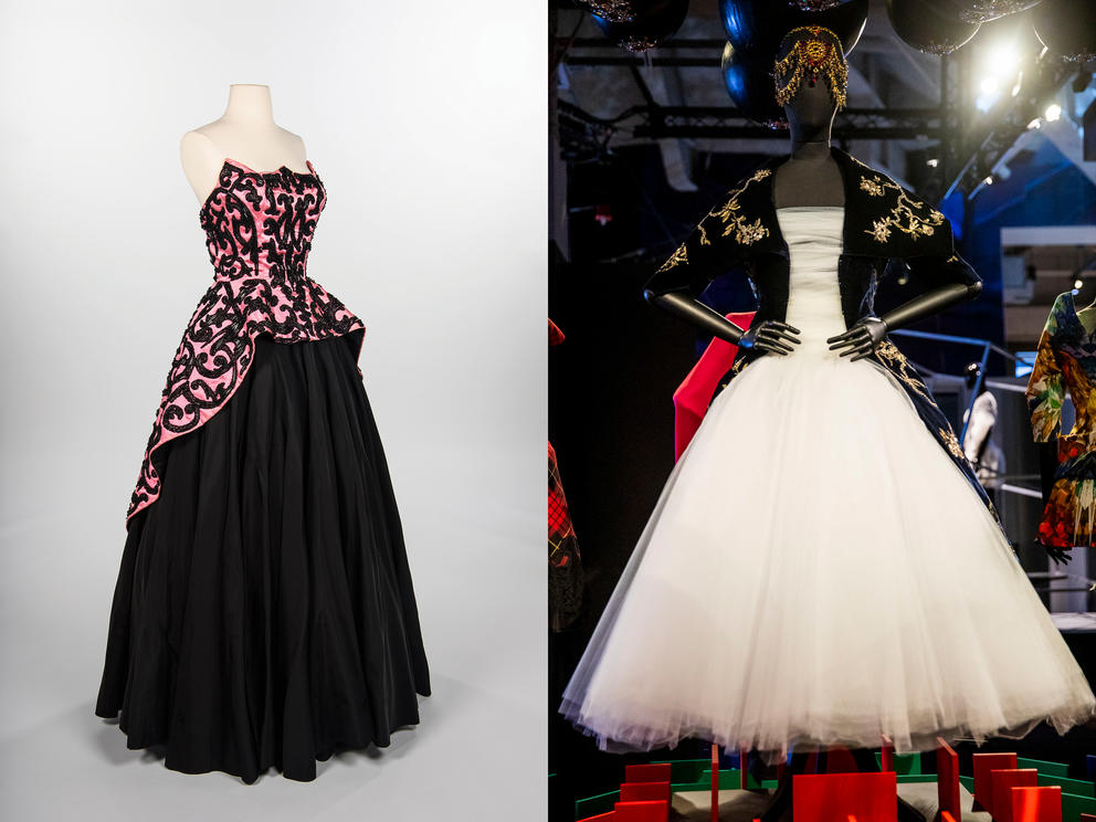 Left: Two-piece ball gown (c. 1951) by House of Schiaparelli, Paris. Owned by Ruth Schoenfeld Blethen Clayburgh, prominent Seattle arts patron and co-founder of PONCHO arts charity. (Photo courtesy of MOHAI) Right: Blue velvet coat over white dress with silver leaf embroidery. Alexander McQueen, Fall/Winter 2008. (Photo by Dorothy Edwards/Crosscut)