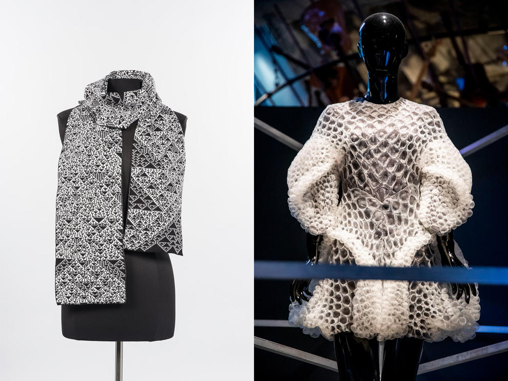 Left: Cellular Automata knit scarf (2018), by Seattle company KnitYak. Based on elementary cellular automata code, with black/white stitches representing binary 0s and 1s. (Photo courtesy of MOHAI Collection) Right: Cymatic dress by Iris Van Herpen (2016), based on the visualization of sound waves as geometry. (Courtesy of Barrett Barrera Projects and RKL Consulting; photo by Dorothy Edwards/Crosscut)