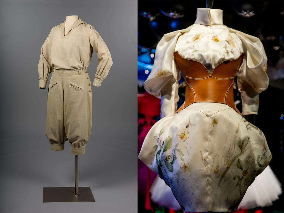 Left: Hiking outfit (1920s) by Seattle clothing company Queen City. Knickers were a radical new hiking option for women of the era. (Photo courtesy of MOHAI Collection) Right: Au courant hourglass dress in meadow-print silk organza with leather corset belt by Alexander McQueen. (Photo by Dorothy Edwards/Crosscut)
