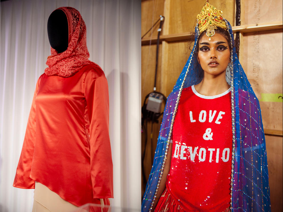 Left: Lace scarf by Kashkha (Dubai), asymmetrical coral top by AISundas (2018). Two Seattle sisters started AlSundus to import and design modesty garments. (Photo courtesy of MOHAI) Right: Ashish ensemble, 2017. (Courtesy of Barrett Barrera. Projects & RKL Consulting; photo courtesy of Cleo Glover via MoPOP)
