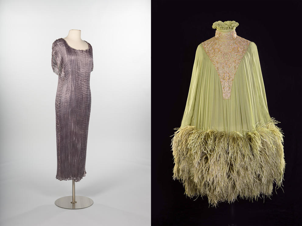 Left: Delphos gown (c. 1920) by Italian designer Mariano Fortuny. Owned by Seattle's first modern-art dealer, Zoë Dusanne. (Photo courtesy of MOHAI) Right: Alexander McQueen's green embroidered feather dress, Autumn/Winter 2006. (Courtesy RKL consulting; photo courtesy of Carmody Creative Photography via MoPOP)