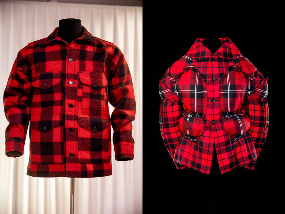 Left: Wool Mackinaw Cruiser jacket by Filson, 2013. The longstanding Seattle company patented the Mackinaw Cruiser in 1914 for timber workers collecting forest data. (Photo courtesy of MOHAI) Right: Comme des Garçons wool plaid jacket, 2010. (Courtesy of Barrett Barrera Projects & RKL Consulting via MoPOP; photo by Sarah Carmody)