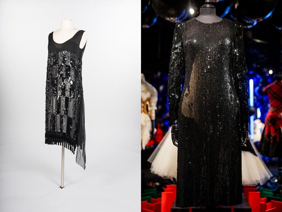 Left: Sequined evening gown owned by Seattle couture importer Madame Thiry (mother of Seattle architect Paul Thiry), c.1929. (Photo courtesy of MOHAI Collection) Right: Alexander McQueen’s Isabella Blow tribute portrait beaded dress, 2008 (Photo at MoPOP by Dorothy Edwards/Crosscut)