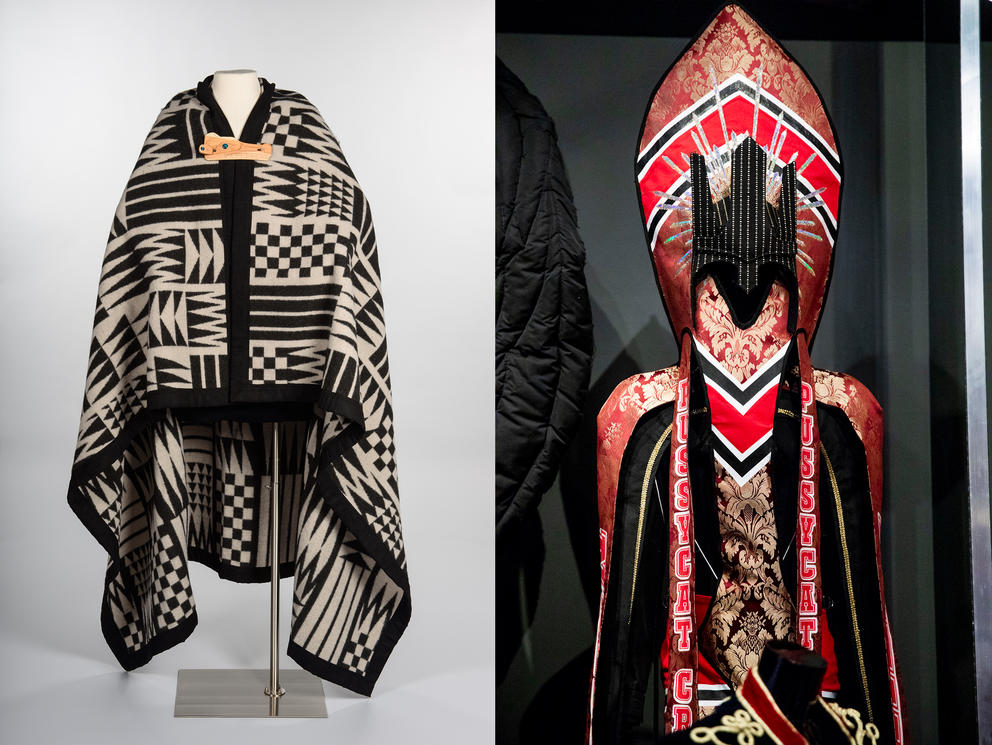 Left: Salish Pattern wool blanket by Louie Gong (Nooksack) with custom wolf pin by Peter Gong (Squamish) for Eighth Generation (2018). The Seattle-based company is the first Native-owned company to produce wool blankets, designed to be worn as honor gifts. (Photo courtesy of MOHAI Collection) Right: Ensemble by Berlin-based line Namilia, In Namilia's Name We Pray, AWOMEN, 2019. (Photo at MoPOP by Dorothy Edwards/Crosscut)