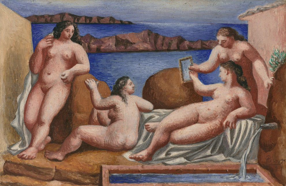 Painting featuring naked women in a room with no back wall, a landscape lies beyond