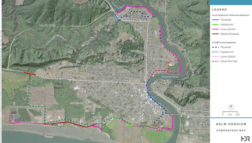 An overhead map shows western Hoquiam with the proposed route of the levee along the shoreline