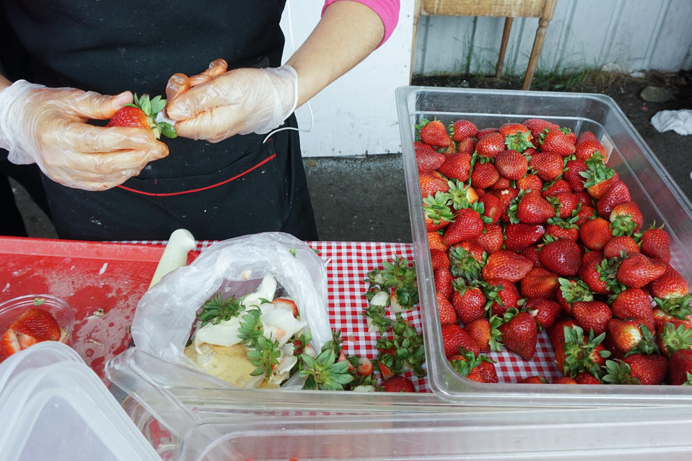 A woman picks and pits strawberries from a large container