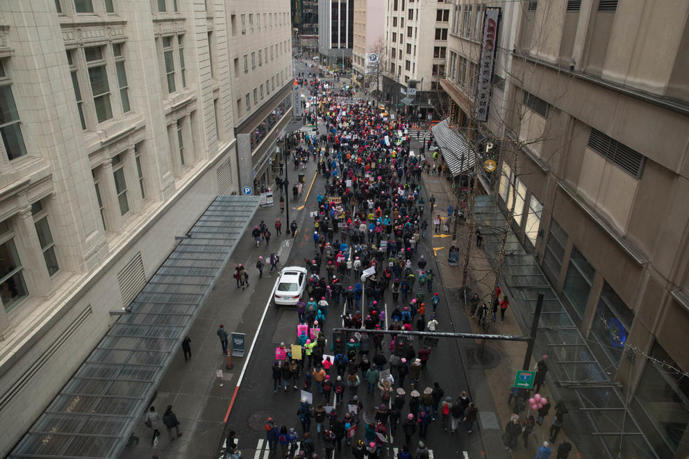 An overhead view on Sixth Avenue of the large crowd that gathered during the Seattle Women’s March 2.0 in Seattle, Jan. 20, 2018.