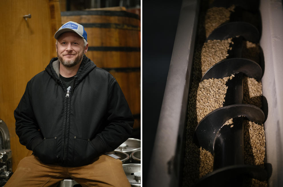 Left, Ryan Myhre sits facing the camera on a keg, right, Barley malt flows into Talking Cedar’s brewery from one of their half-dozen silos