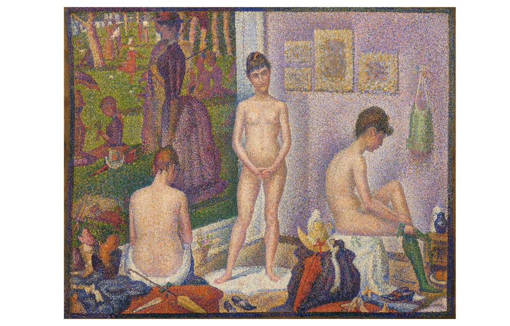 three women sit naked in a room