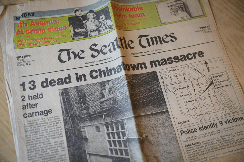 Seattle Times front page, Feb. 20, 1983. Headline reads "13 Dead in Chinatown Massacre"