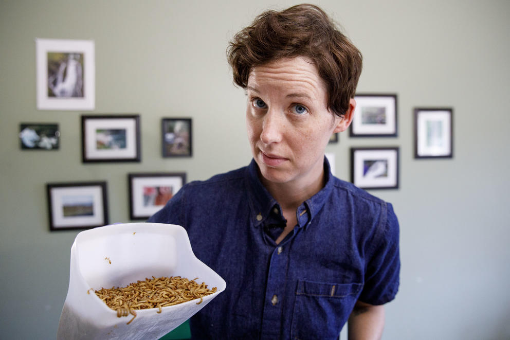 Host Katie Herzog holding a bucket of mealworms
